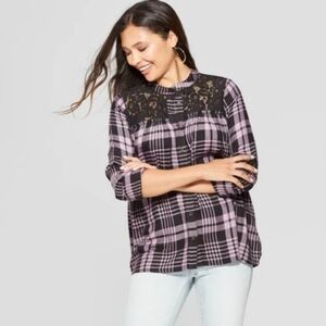 Knox Rose Women's Plaid Lace Yoke Plaid Button Front Top - Black and Purple XXL